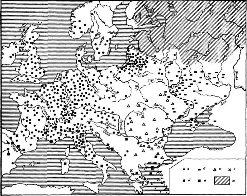 Европейская гидронимика по В. Седову. Точками обозначена зона, указанная Х. Краэ 