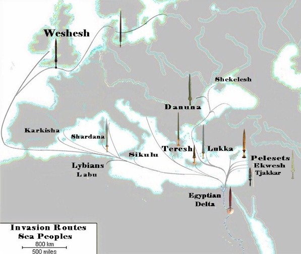 Карта нашествия народов моря, составленная по находкам бронзовым мечей