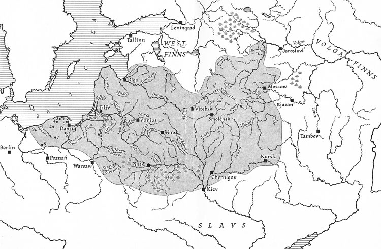 Карта распространения балтской топонимики в Восточной Европе поздней Бронзы по М.Гимбутас
