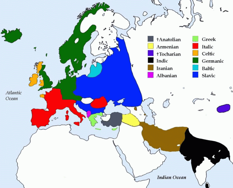 Распространение индоевропейских языков в Евразии. Крестиком отмечены вымершие семейства