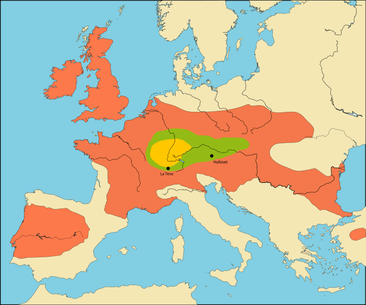 Первоначальный ареал кельтских племён (жёлтым цветом) и последующие экспансии