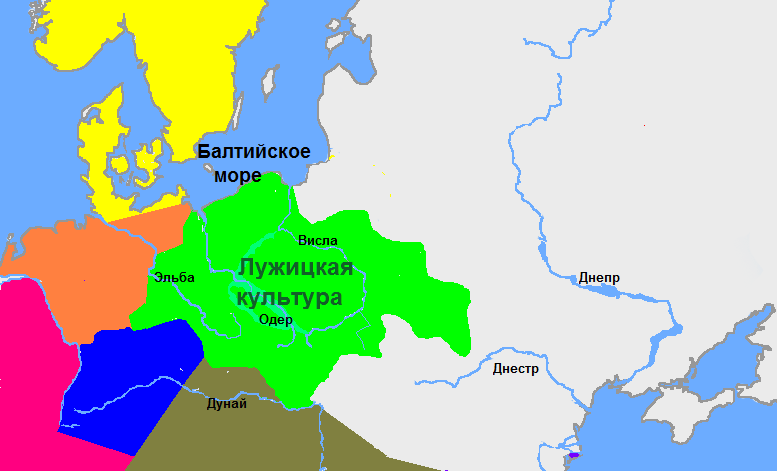 Лужицкая культура (выделена зелёным цветом) на карте Европы