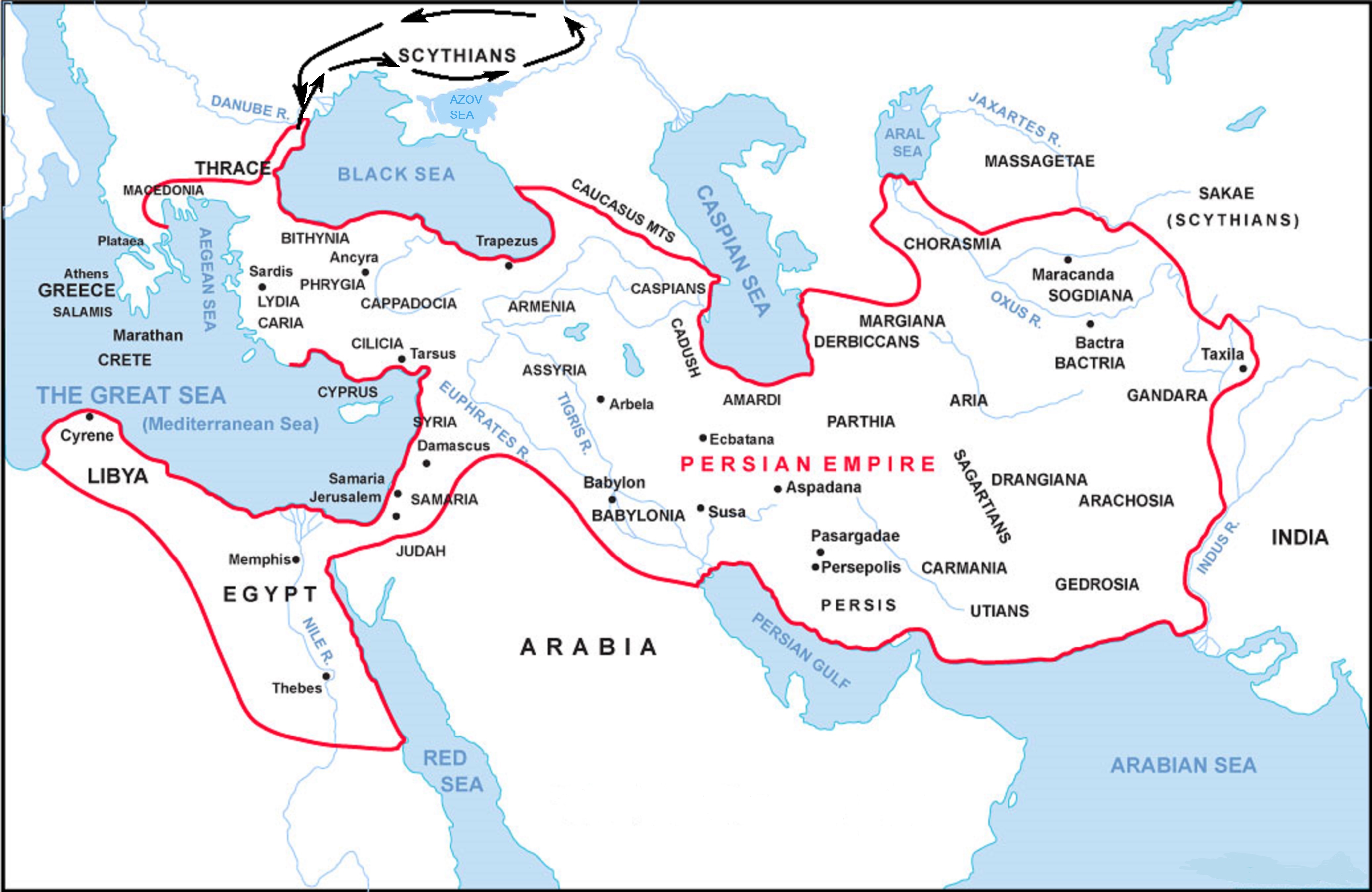 Персидская империя и приблизительный маршрут похода Дария на скифов