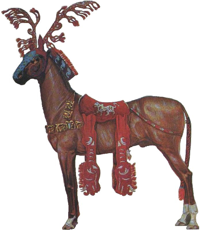 Конская маска из Первого Пазырыкского кургана (слева). Скифский конь в оленьей маске, реконструкция (справа)