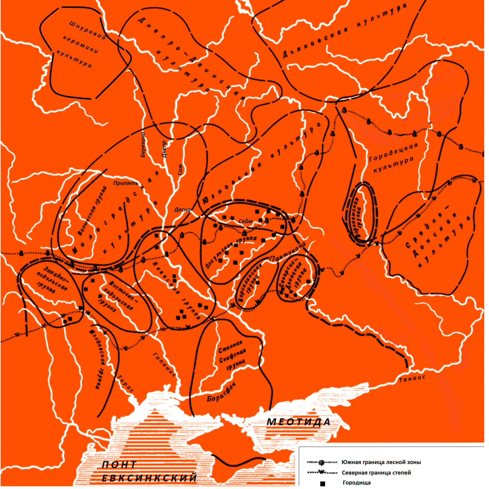 Карта археологических культур Скифии по Б. Рыбакову (с уточнениями)