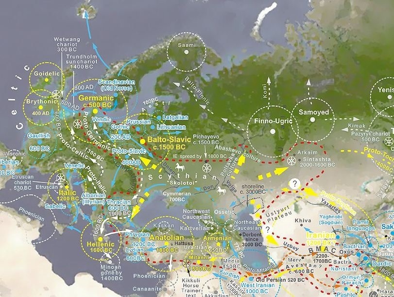 Карта распространения языковых семейств из работы лингвиста О. Мудрака