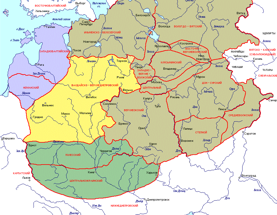 Антропологические типы Восточной Европы. Область валдайско-верхнеднепровского варианта выделена жёлтым цветом