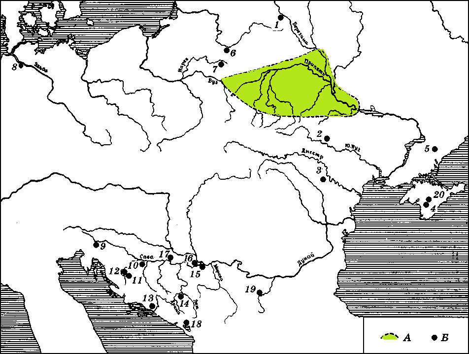Карта находок фибул с треугольным щитком вне ареала зарубинской культуры