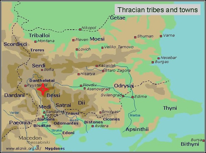 Фракийские племена Балканского полуострова. Звёздочкой отмечен горный массив Рила (Болгария)