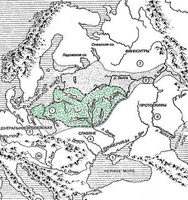 Ареал балтских племён по М. Гимбутас: серым цветом отмечена зона расселения в Бронзовом веке; зелёным - в раннем Железном