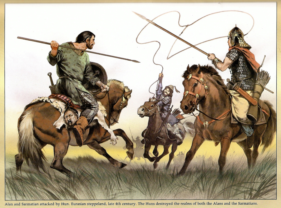Легковооружённый гуннский всадник нападает на аланского катафрактария и сарматского конника