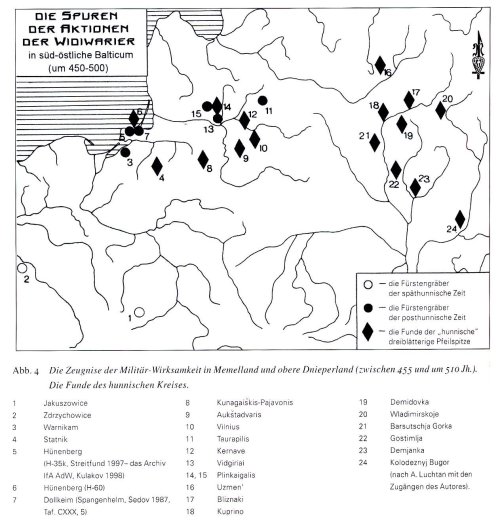 Карта гуннских погребений и находок трёхлопастных наконечников стрел (обозначены ромбом) в балтской зоне по Кулакову (2006)