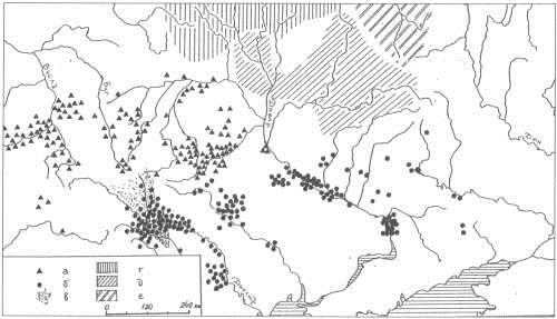 Карта скоплений раннеславянских поселений по В. Седову