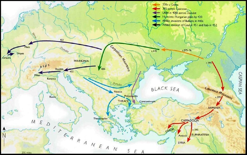 Карта гуннских вторжений