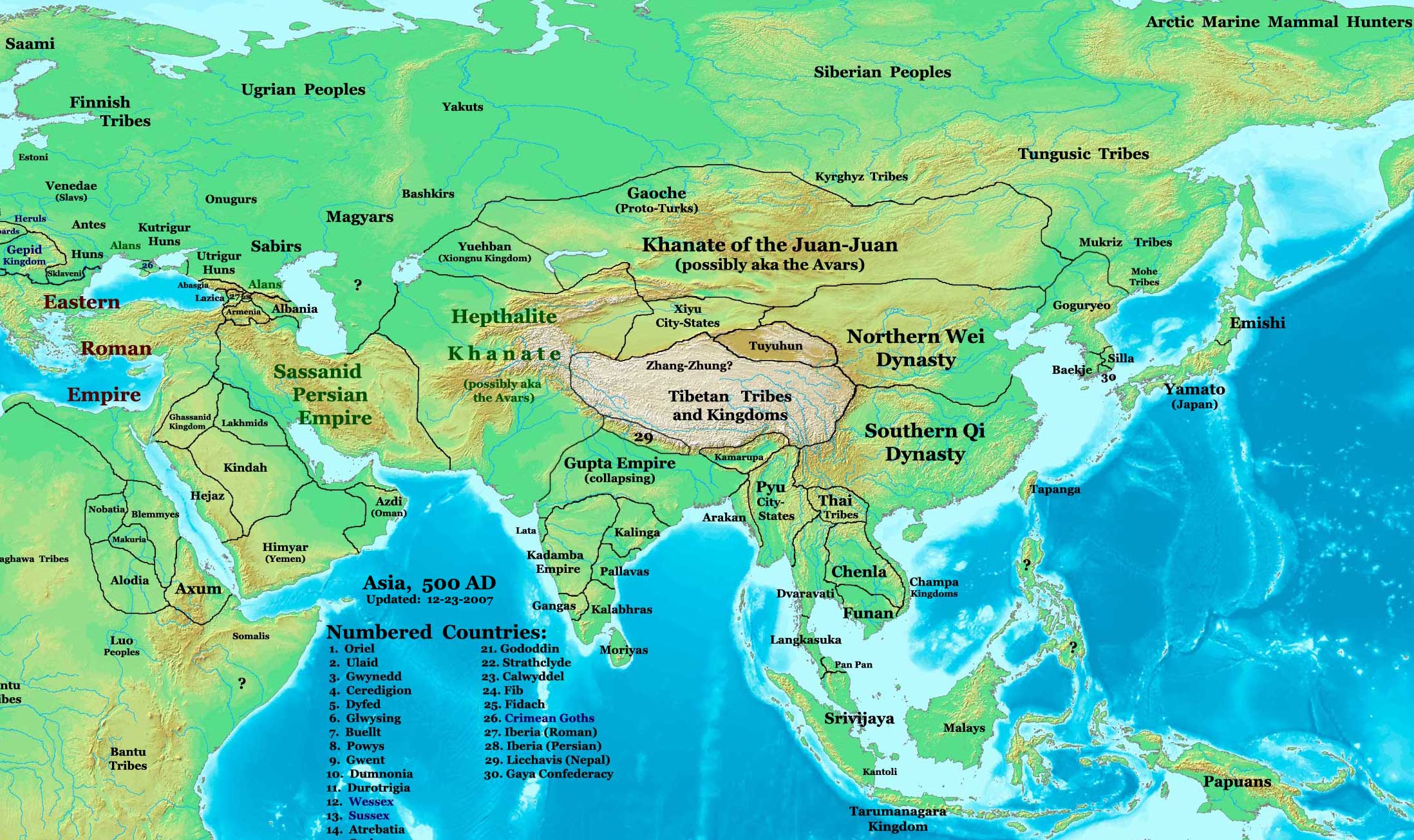 Карта Евразии 500 года. Жужанский каганат и держава эфталитов как возможные прародины аваров