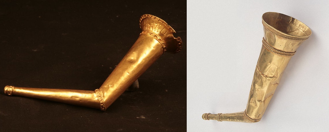 Слева: золотой аварский ритон из Надь-Сент-Миклош. Справа: золотой ритон из Малой Перещепины