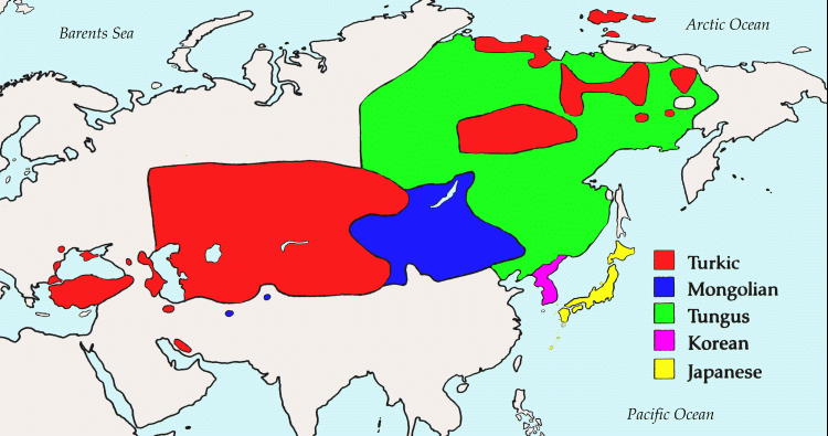 Языки алтайской семьи на карте Евразии по Merrit Ruhlen