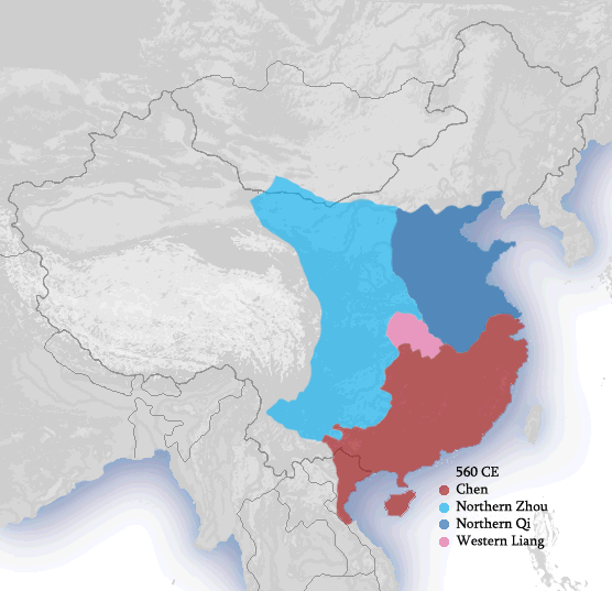 Китай к 560 году. Голубым цветом отмечена территория западновэйской державы – Северная Чжоу, синим – земли восточновэйского государства – Северная Ци