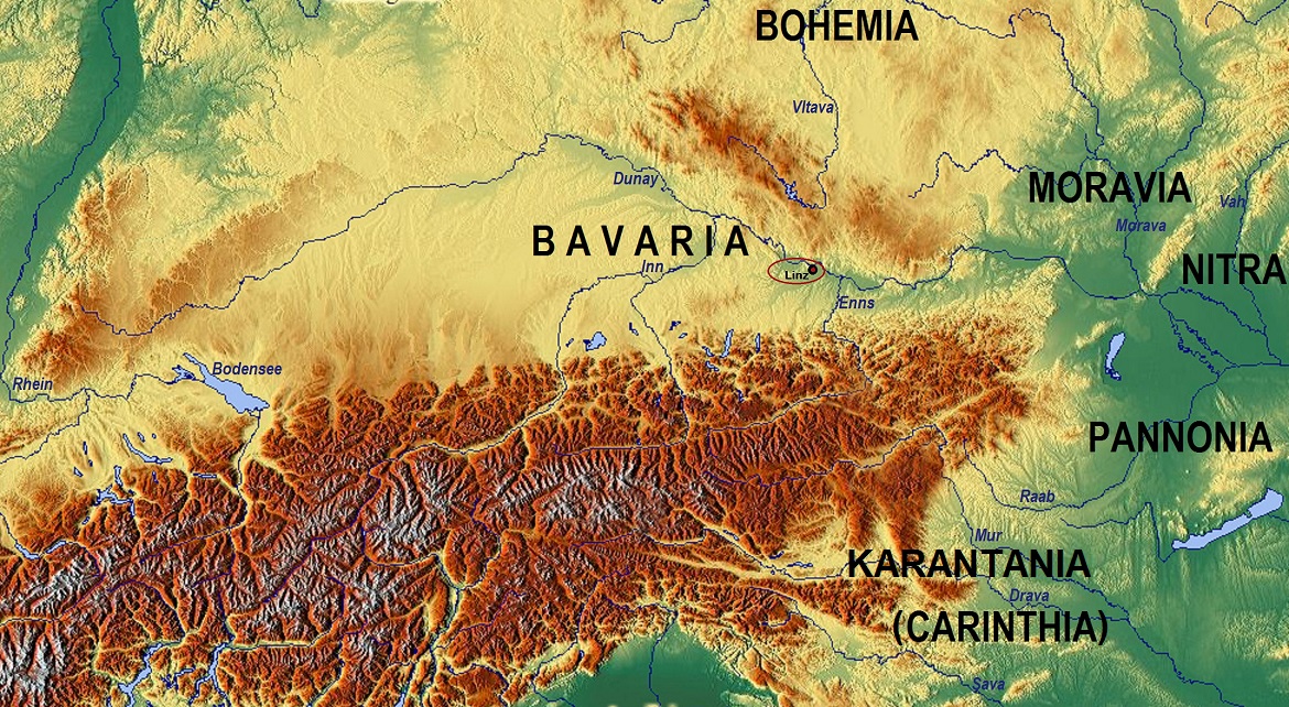 Карта Восточноальпийского региона. Указано местоположение города Линц