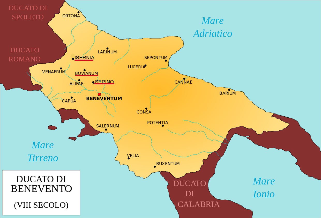 Герцогство Беневенто в 8 веке. Выделены места расселения булгар