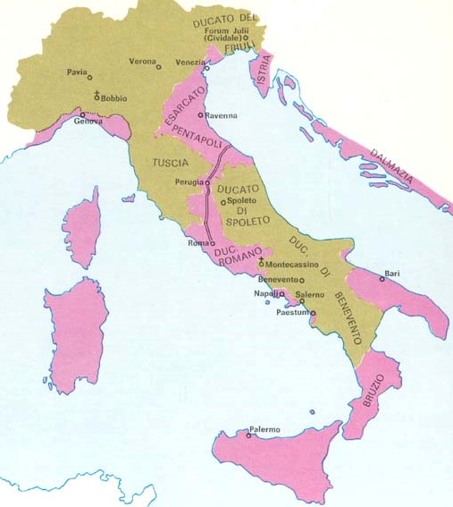 Лангобардские (коричневым) и византийские (розовым) владения в Италии. Города Пентополя