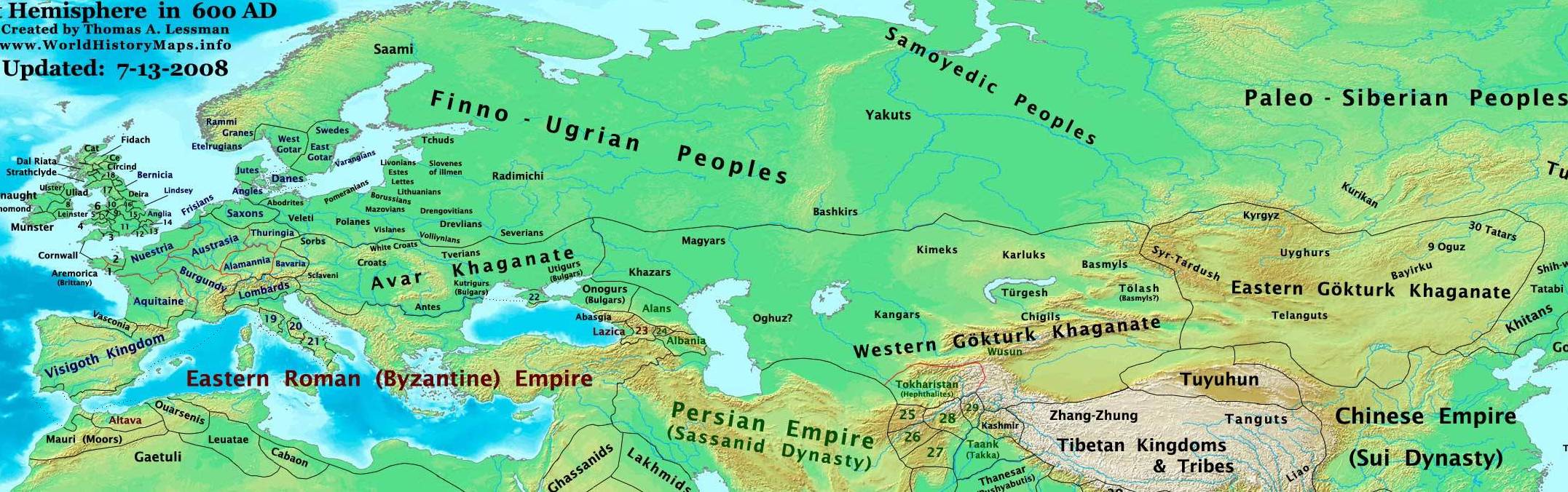 Аварский, Западно- и Восточно-тюркский каганаты в начале 7 века. Карта Th. Lessman