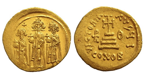 золотой солид Ираклия с сыновьями (637-641)