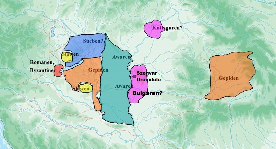 Карта этнических элементов Карпатской котловины П. Штадлера с указанием местоположения памятника Сёгвар-Оромдюлё