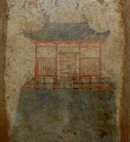 Настенные и потолочные фрески из Майхан-ул. Слева: изображение храма; справа: голова демона