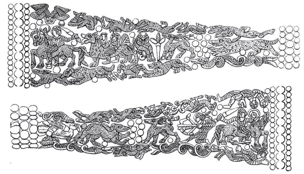 Отражение войны аваров (мазур) с балтами (по В. Кулакову) на кольце из Штробеньена (окрестности Кенигберга), приблизительно – 8 век. Лучник и поверженный воин изображены с косами