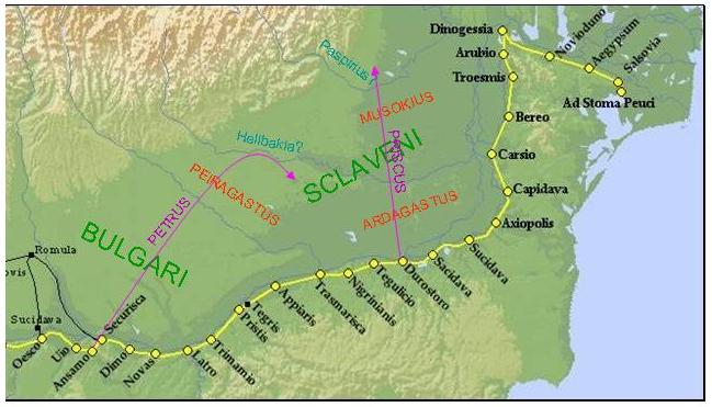 Приблизительные маршруты походов Приска и Петра в земли склавинов