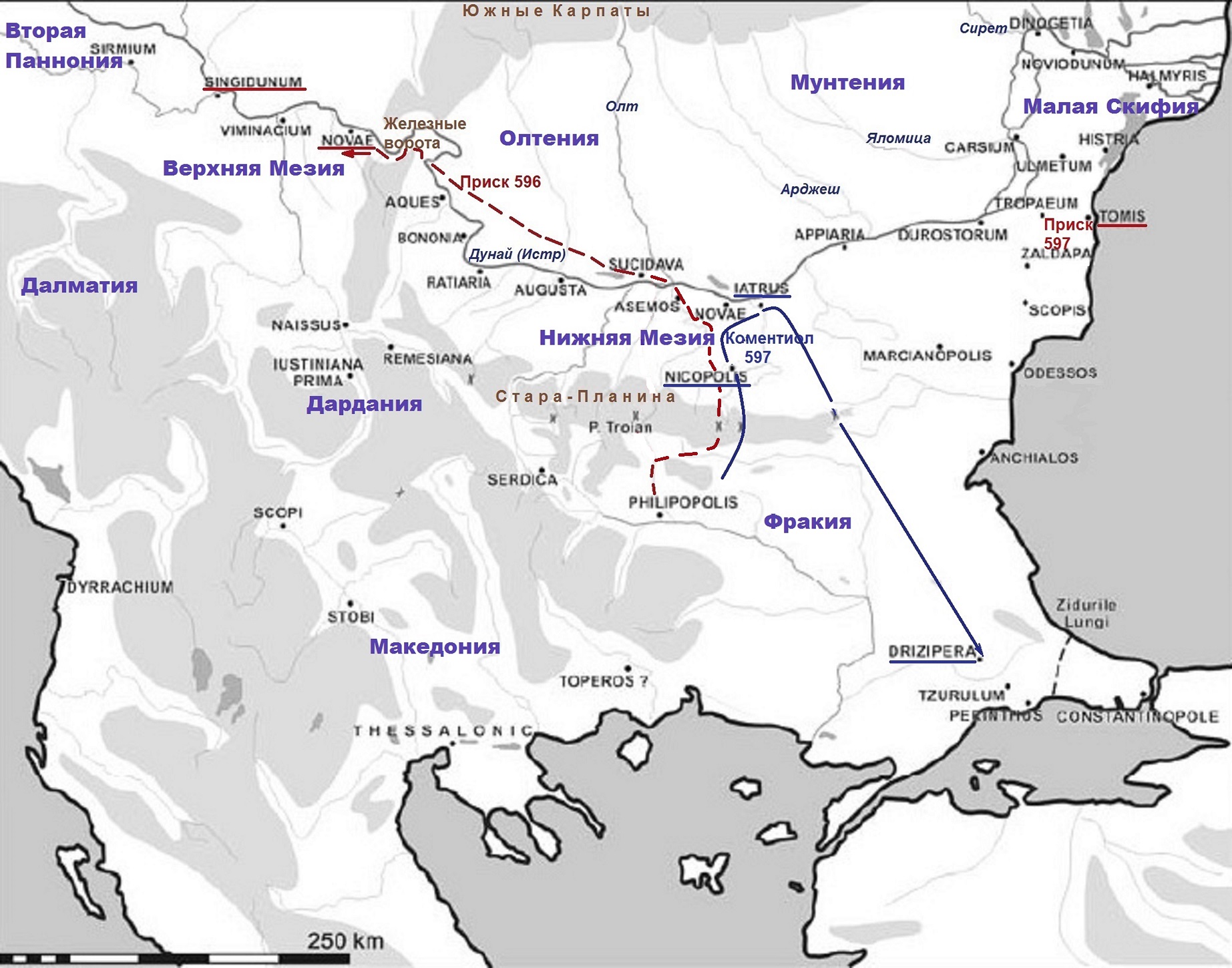 Приблизительные маршруты византийских войск в кампаниях 596-597 годов