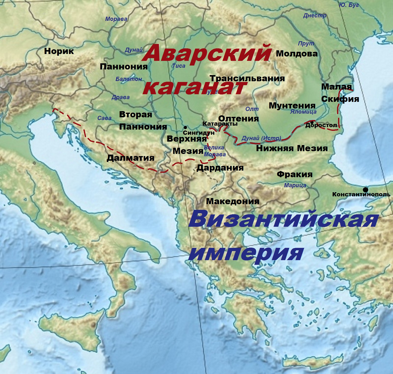 Приблизительные границы Византийской империи и Аварского каганата к концу 6 века нашей эры