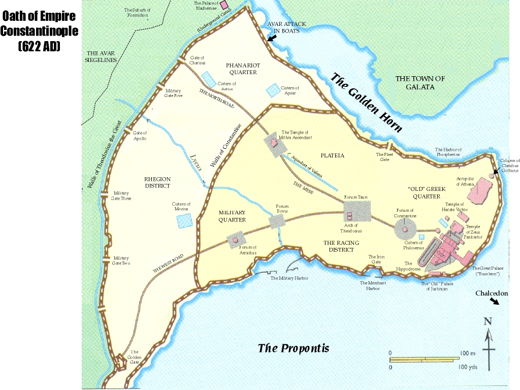 Константинополь в период осады 626 года. Стрелкой указано направление атаки с моря