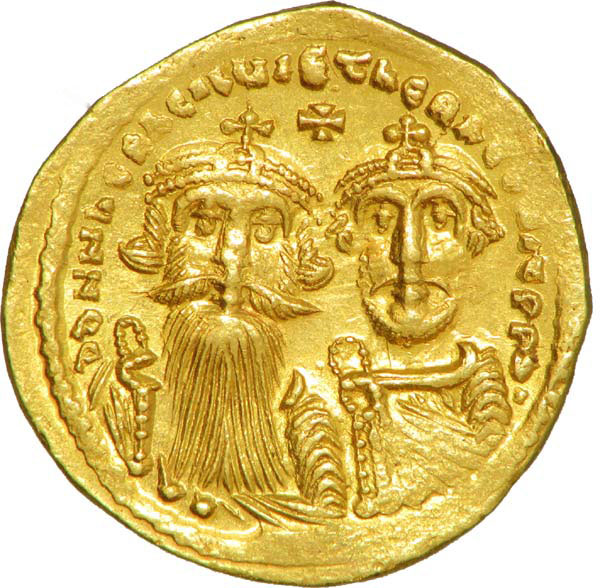 Золотой солид с изображением Ираклия (слева) и его сына