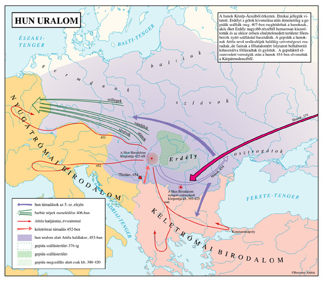 Империя Аттилы (обозначена сиреневым цветом) и Гепидское царство (выделено зелёным)