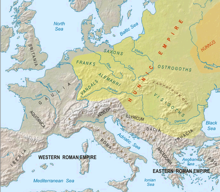 Гуннская империя при Аттиле и её приблизительные границы