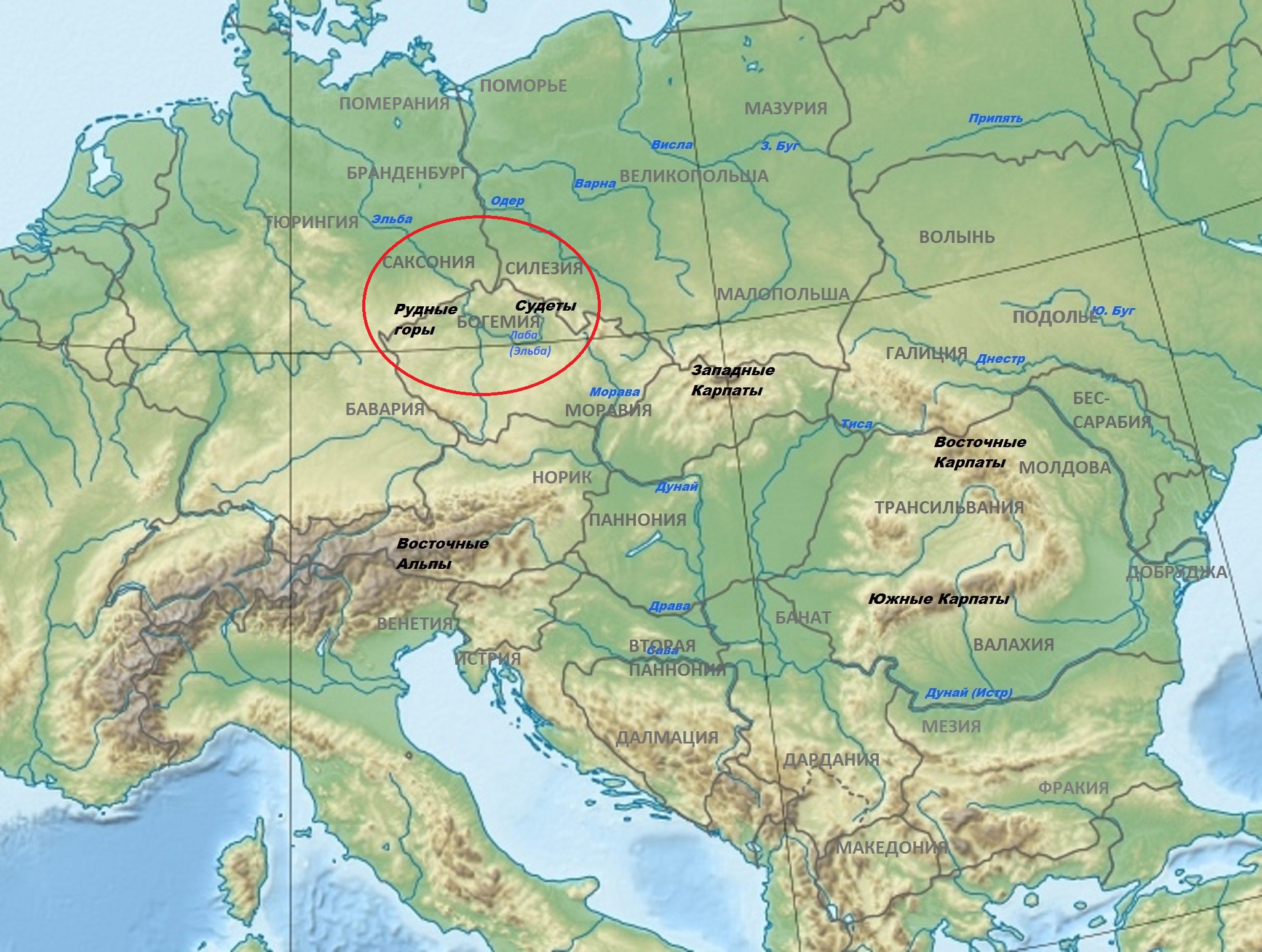 Горные массивы и исторические области Европы. Выделена предполагаемая страна лангобардов накануне их ухода на Юг