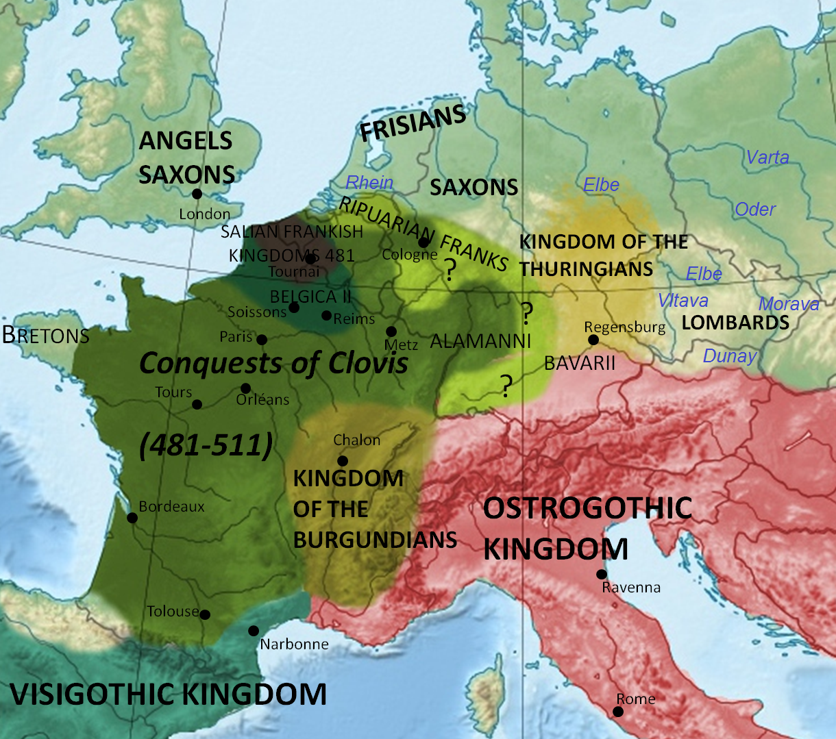Западная Европа в конце 5 - начале 6 века. Обратите внимание на местоположение королевства тюрингов на Средней Эльбе