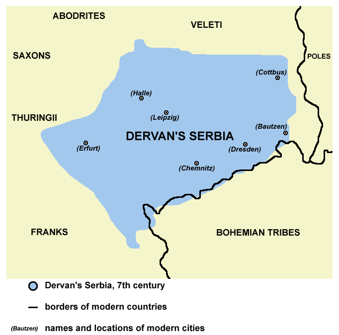 Приблизительные границы сербского княжества начала 7 века на современной карте