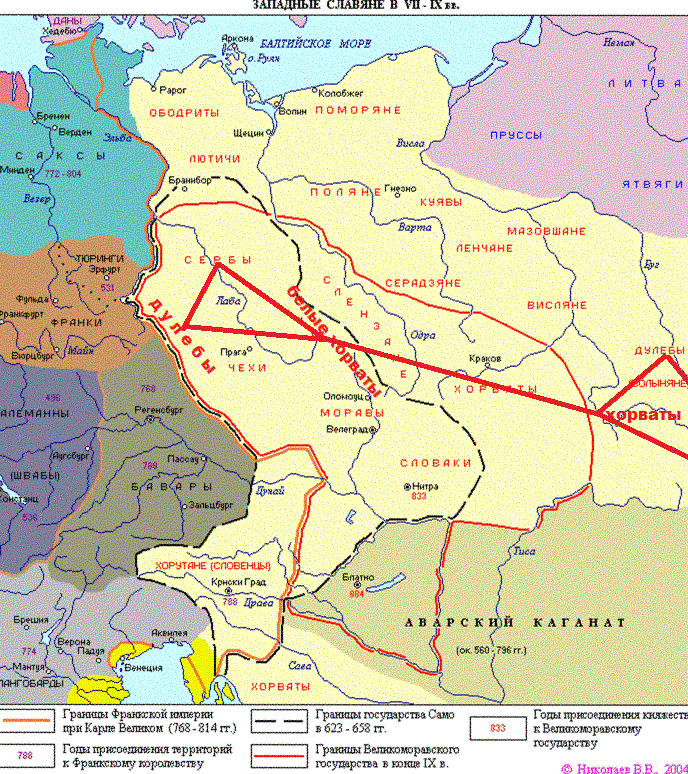 Европа в 7-9 веках по В. Николаеву (с дополнениями автора). Красные треугольники показывают самую раннюю миграцию предков славян на Запад