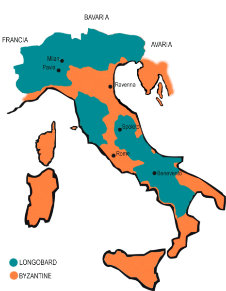 Завоевания лангобардов (выделены тёмно-бирюзовым цветом) в Италии при жизни Альбоина