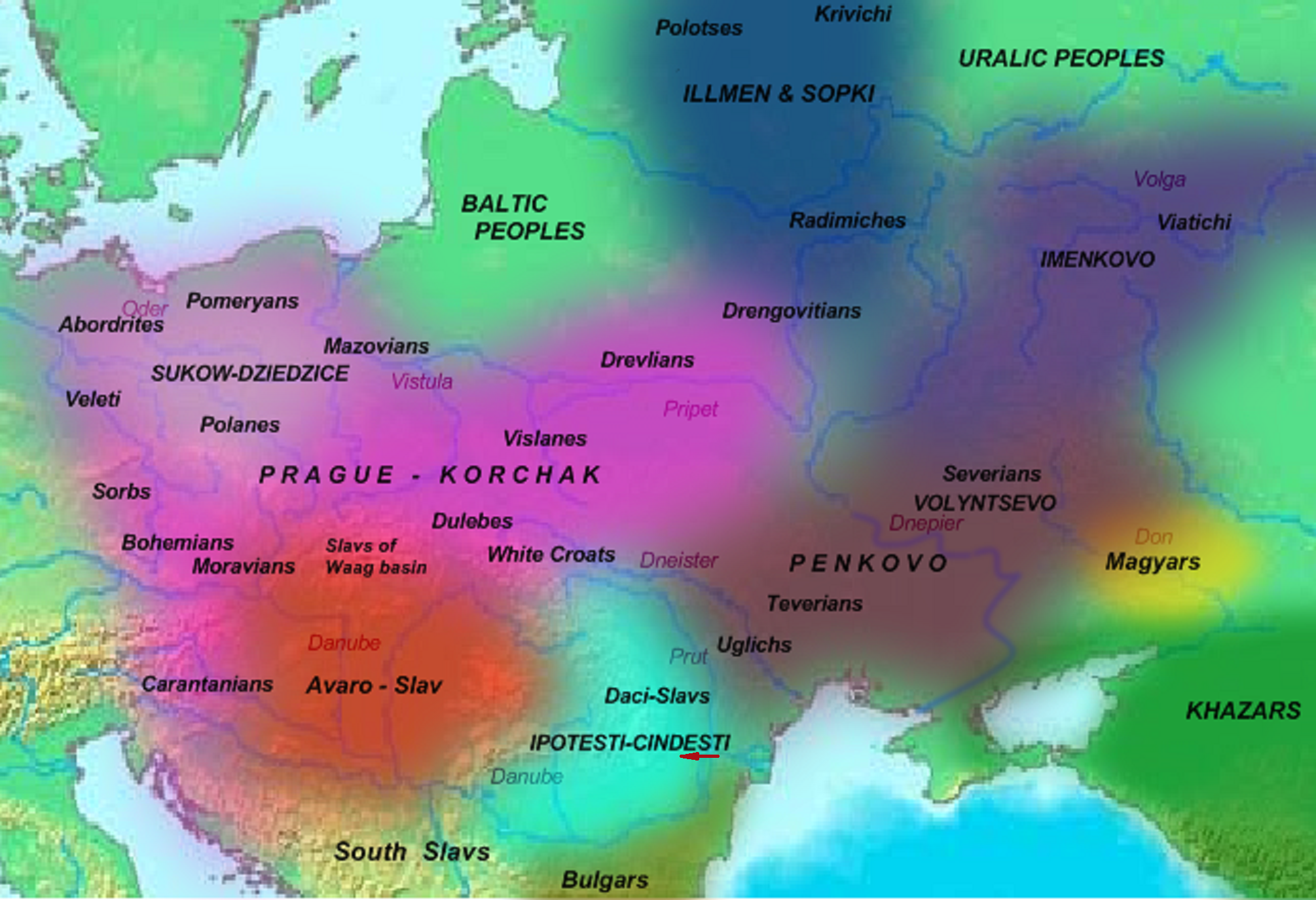 Археологические культуры 6-9 веков Восточной Европы. Стрелкой указано предполагаемое место высадки армии Баяна