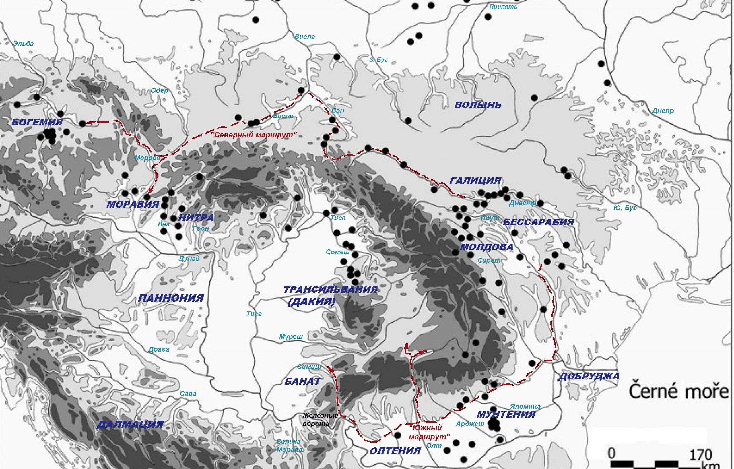 Наиболее вероятные миграционные пути из Скифии в Карпатскую котловину. На базе карты Ф. Курты
