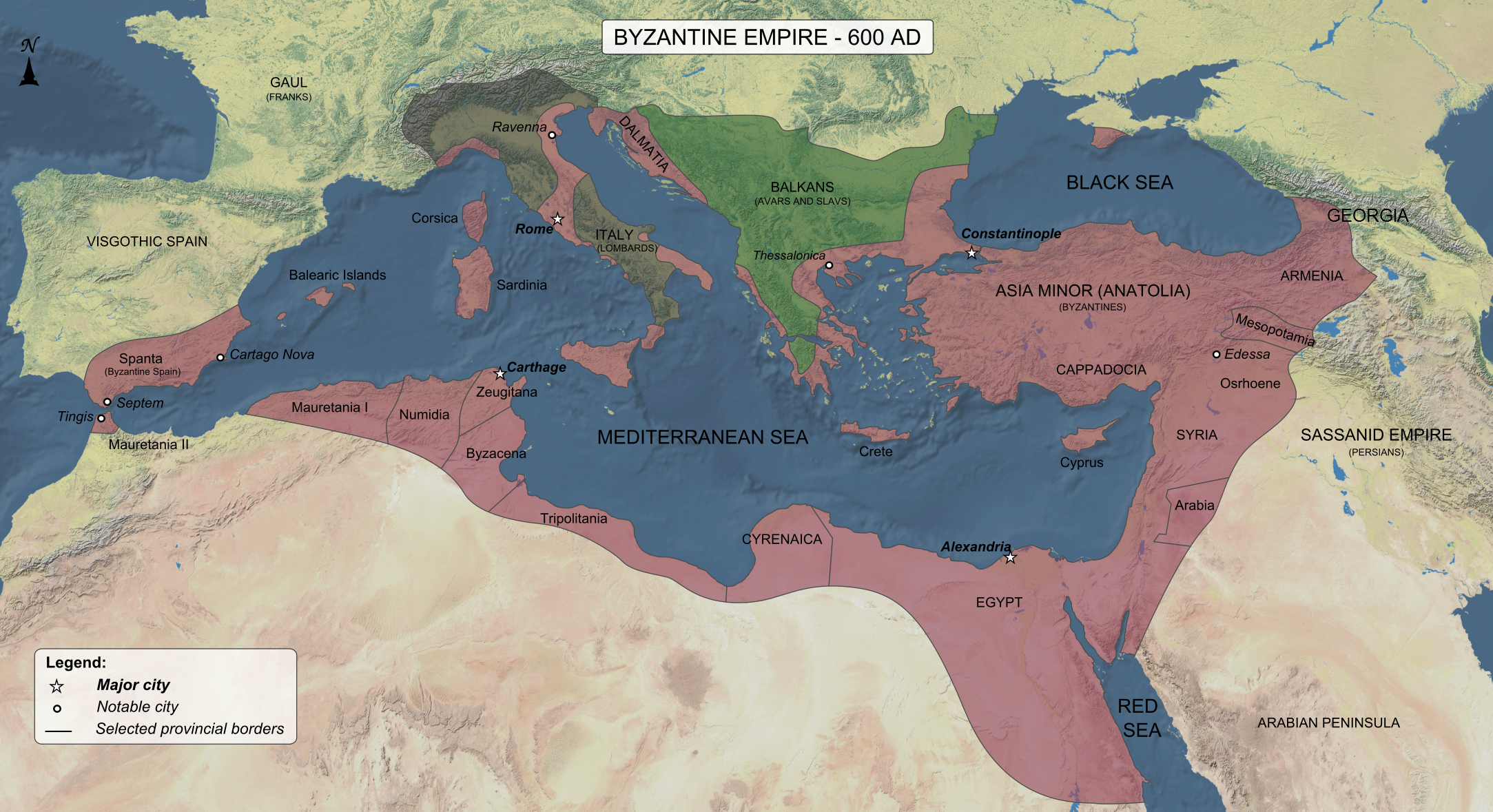 Византийская империя около 600 года. Зелёным цветом отмечены территориальные потери на Балканах