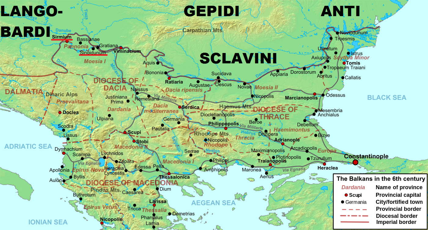 Карта балканских провинций Византийской империи. Выделены города Сингидун и Сирмий