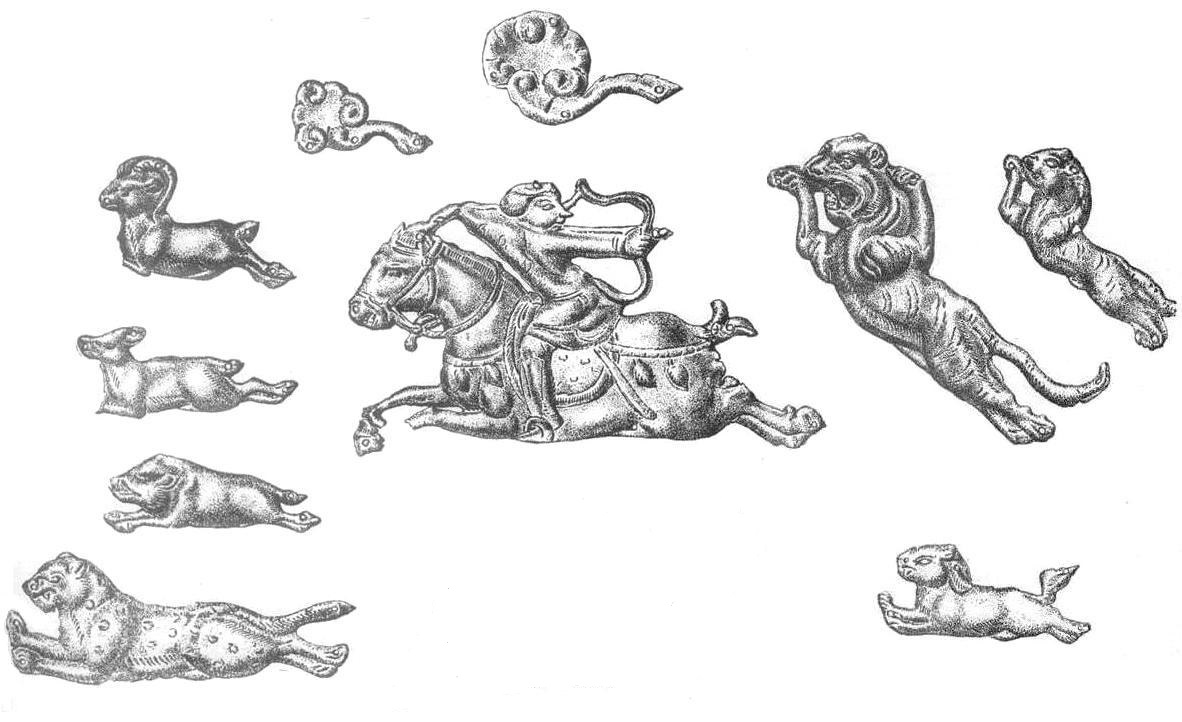 Слева: изображения животных на передней луке седла из Кудырге (Алтай, 7 век). Справа: бронзовые накладки на седельную луку из Копёнского чатааса (Хакасия, 7-8 век)