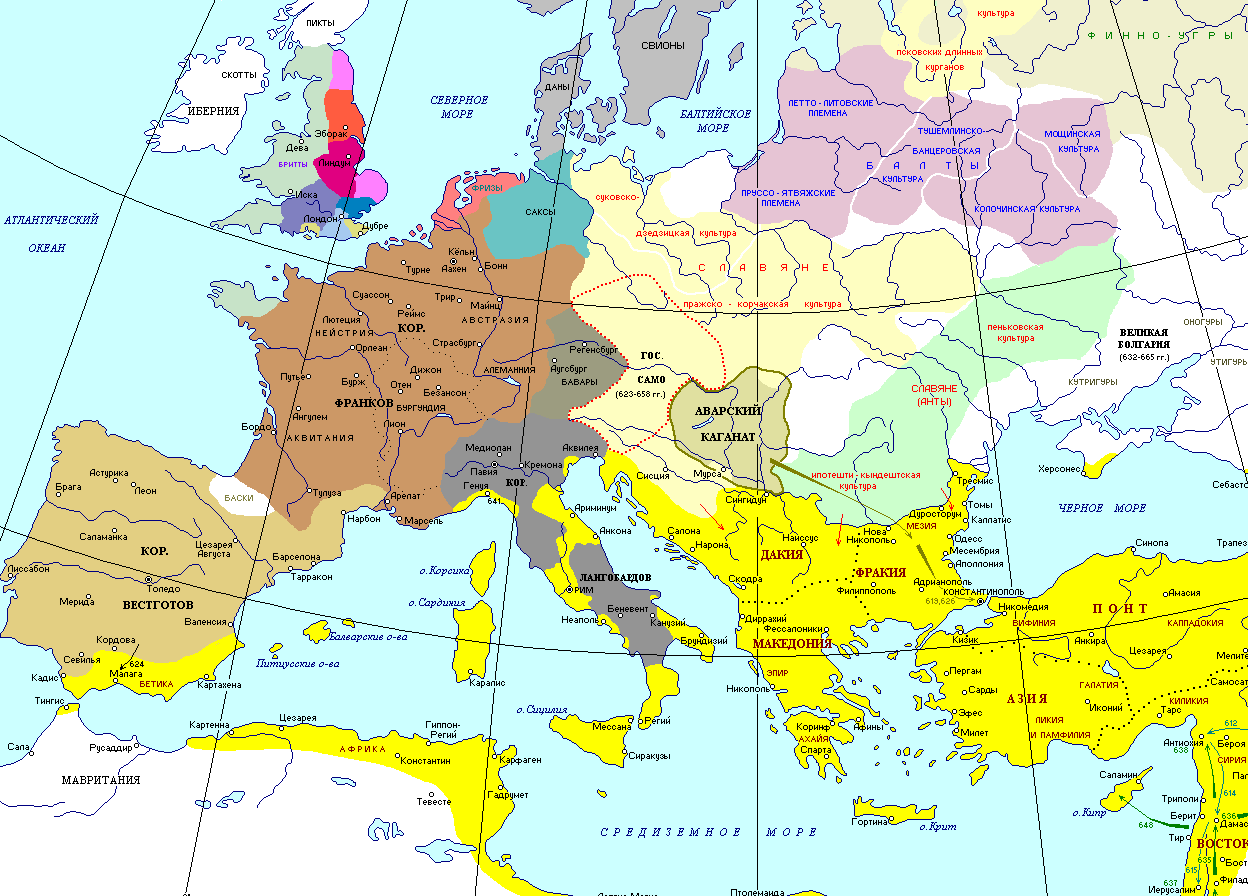 Европа в 7 веке. Приблизительное местоположение государства Само