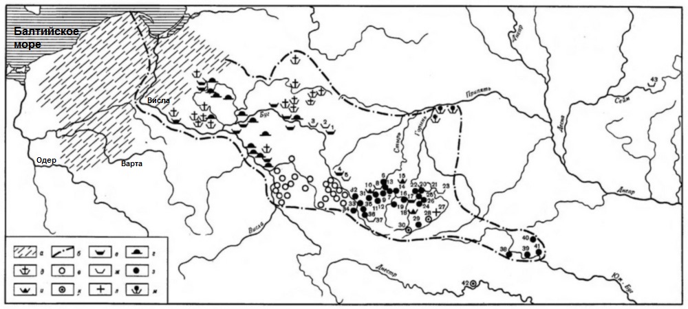 Карта вельбаркской археологической культуры по К. Каспаровой. Вельбаркцев связывают с изначальными готами и гепидами. Штриховкой (а) обозначена самая ранняя стадия культуры