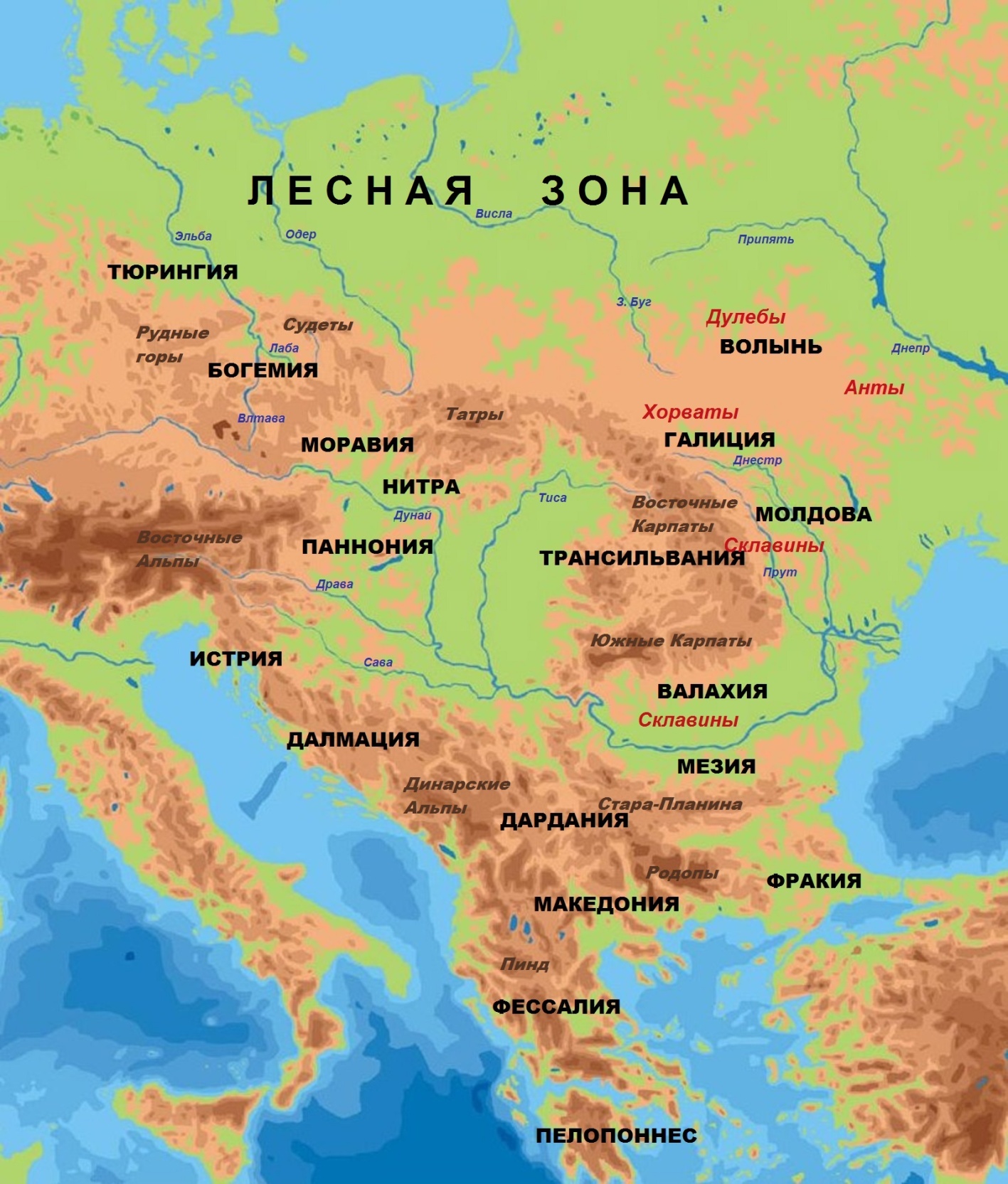 Физическая карта Центральной Европы с указанием исторических областей и мест жительства отдельных горшечных племён